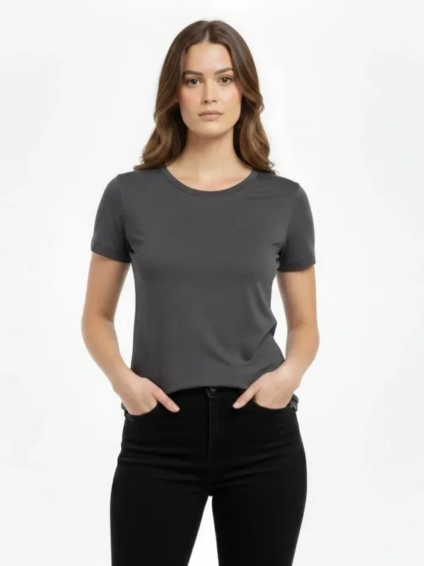 Damski dymiony slim fit T-shirt z dekoltem w serek, elastyczny, podstawowy 2