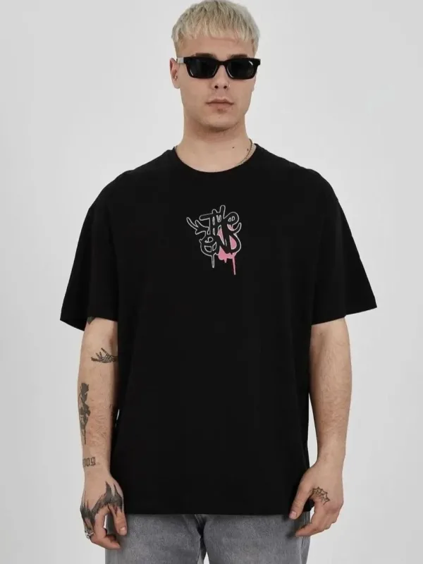 Ανδρικό Μαύρο Oversize Ποδηλατικό Λαιμόκοψη Τυπωμένο Μπλουζάκι 1