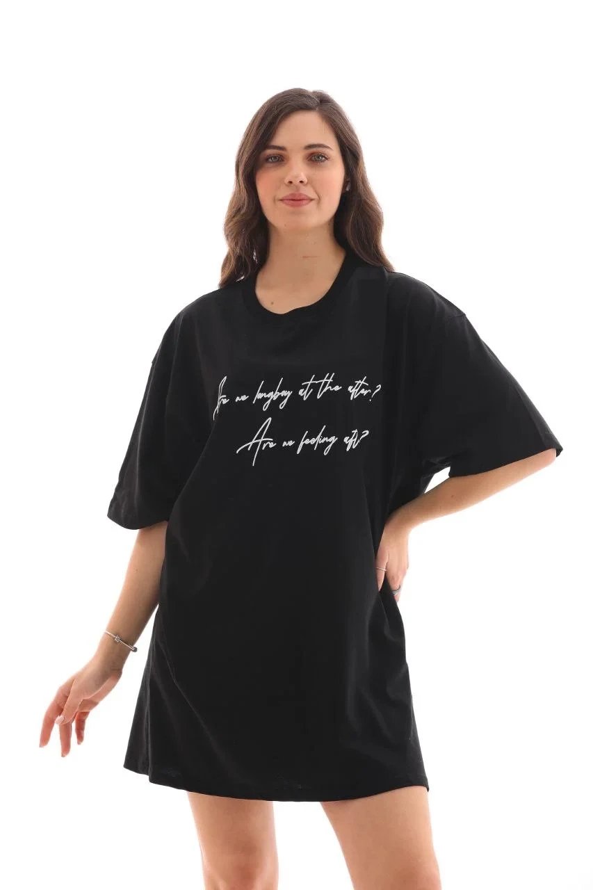 Γυναικείο Μαύρο Oversize Ποδηλατόλαιμο Τυπωμένο Καλοκαιρινό Μπλουζάκι