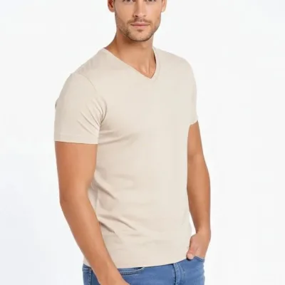 Ανδρικό Πέτρινο Slim Fit V Λαιμόκοψη Με Λύκρα Κοντό Μανίκι Μπλουζάκι 2
