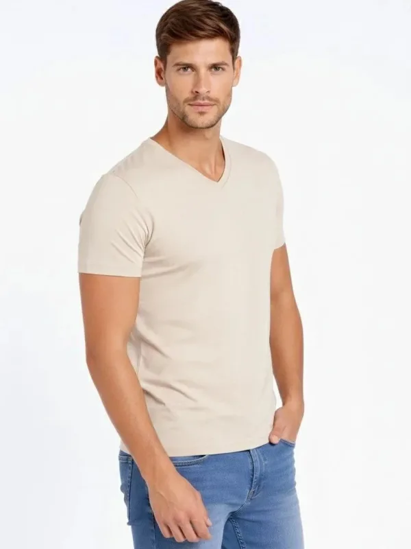 Ανδρικό Πέτρινο Slim Fit V Λαιμόκοψη Με Λύκρα Κοντό Μανίκι Μπλουζάκι 2