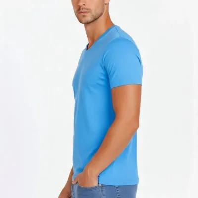 Pánsky svetlomodrý slim fit elastický V-výstrih body tričko 2