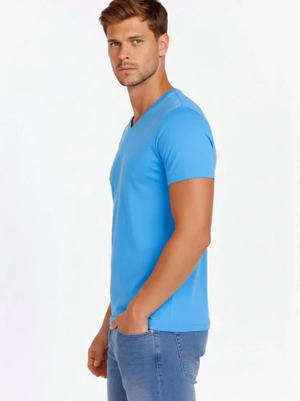 Pánsky svetlomodrý slim fit elastický V-výstrih body tričko 2