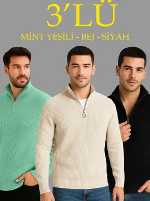 Erkek 3'lü Set Kalın Pamuklu Fitilli Triko Kazak