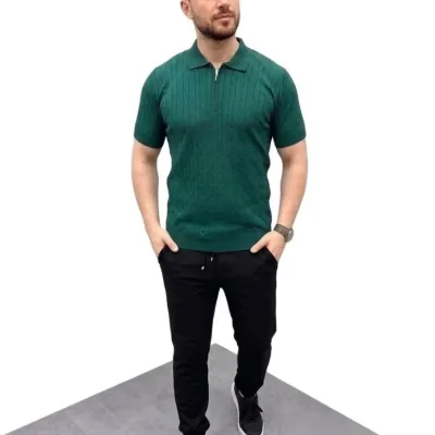Muška kaki pletena triko kratka rukava rajsferšlus polo majica 2