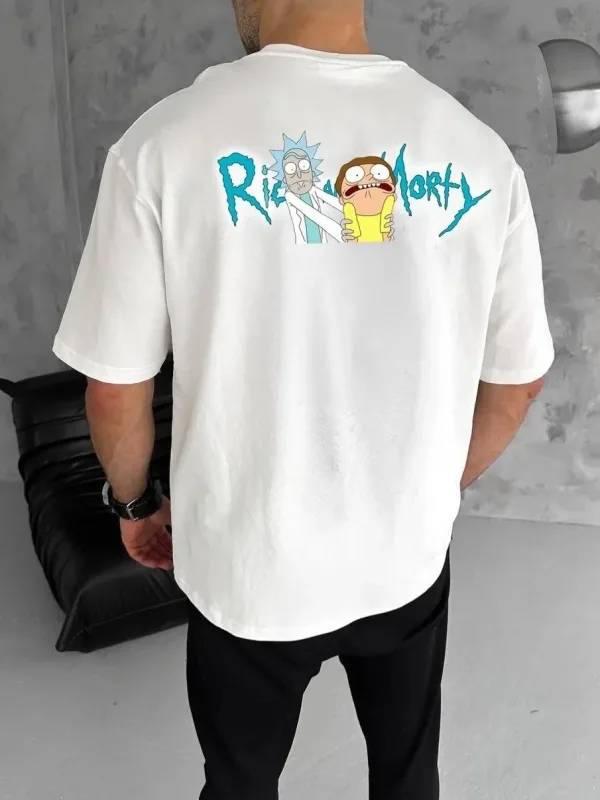 Ανδρικό Λευκό Ποδήλατο Λαιμό Rick and Morty Τυπωμένο Μπλουζάκι 2