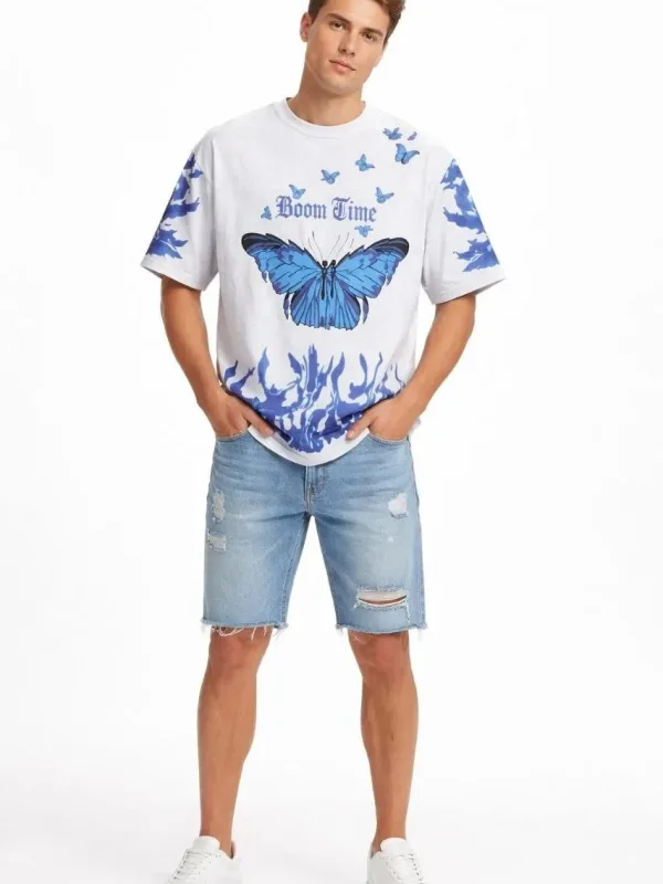 Fehér Férfi Oversize Kerékpárnyakú Savas Mosású Póló 4