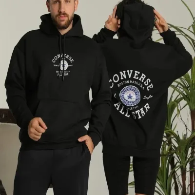 Sweatshirt për meshkuj i zi oversize me kapuç, 3 fije dhe printim në shpinë 3