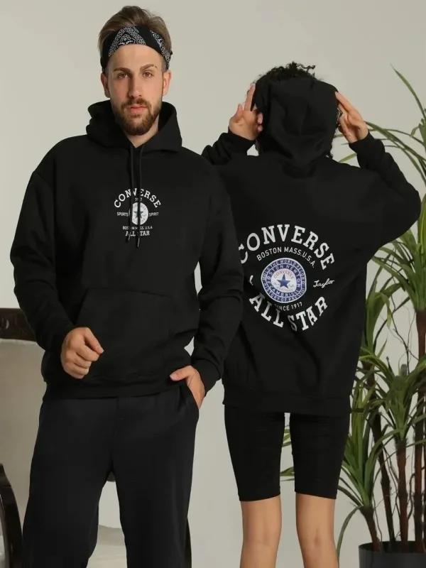 Sweatshirt për meshkuj i zi oversize me kapuç, 3 fije dhe printim në shpinë 3