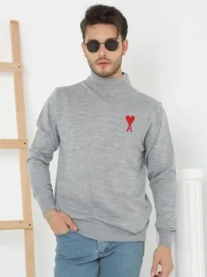 Masculin Gri Guler Semi-Turtleneck Tricou Imprimat