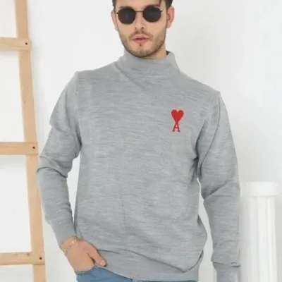 Pánsky sivý polovičný golier potlačený tričkový sveter 1