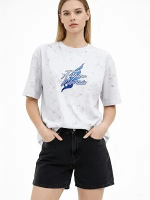 Γυναικείο Λευκό Oversize Acid Washed Ποδήλατο Λαιμό Κοντό Μανίκι T-shirt