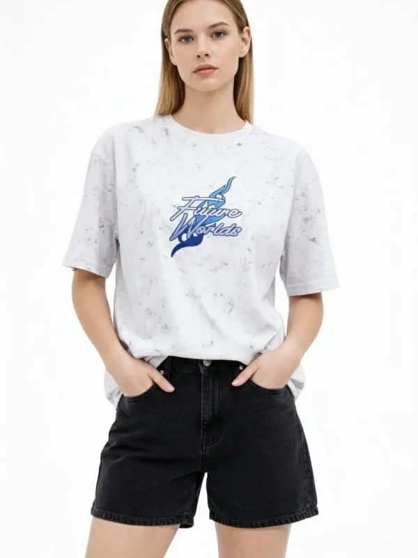 Γυναικείο Λευκό Oversize Acid Washed Ποδήλατο Λαιμό Κοντό Μανίκι T-shirt 1
