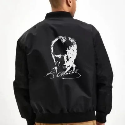 Férfi Fekete Bomber Kabát Atatürk Sziluett Nyomott Cipzáros Zsebes 2