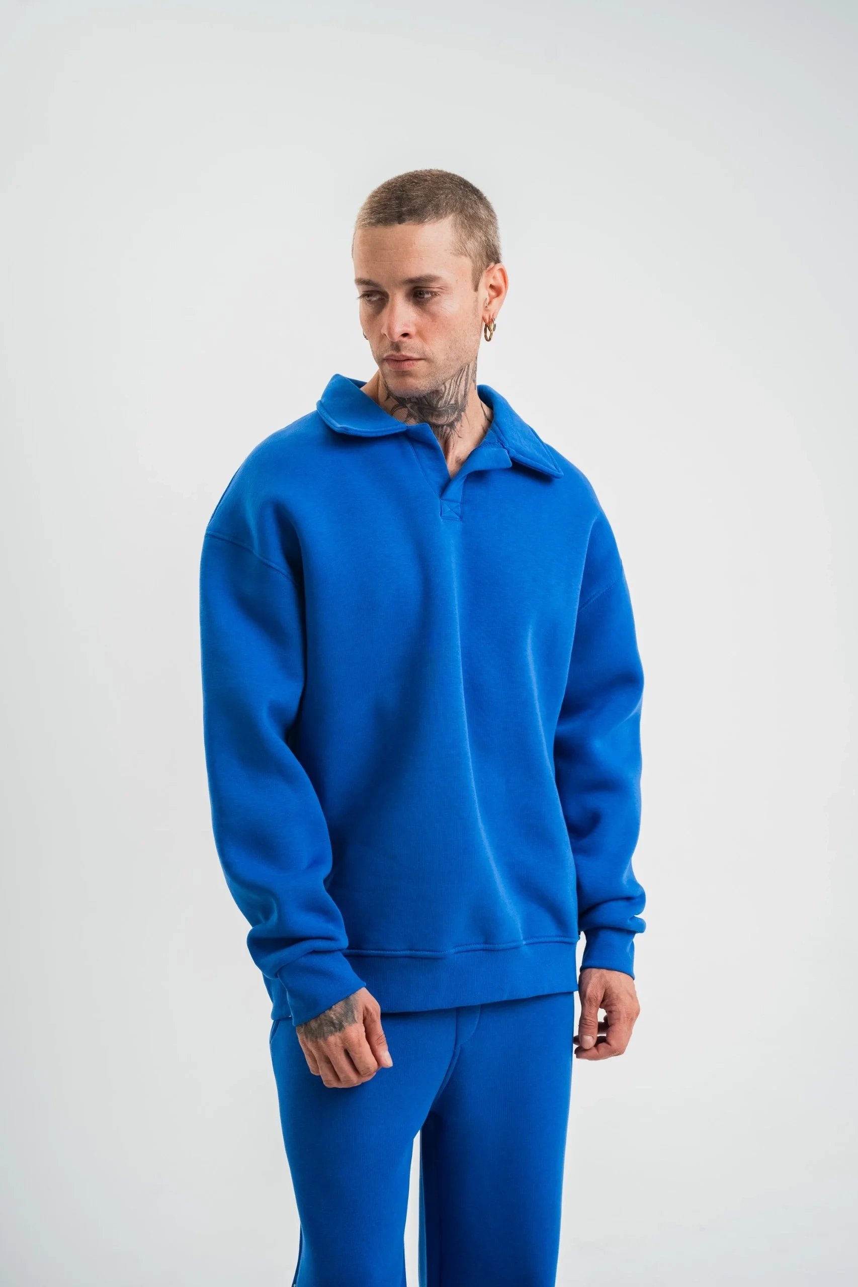 Ανδρικό Μπλε Oversize 3-Κλωστή Βαμβακερό Ανοιχτό Λαιμό Sweatshirt