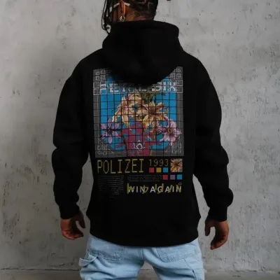 Muški crni oversize 3-niti pamučni s kapuljačom tiskani sweatshirt 5