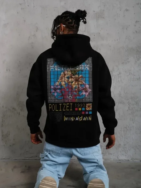 Muški crni oversize 3-niti pamučni s kapuljačom tiskani sweatshirt 5