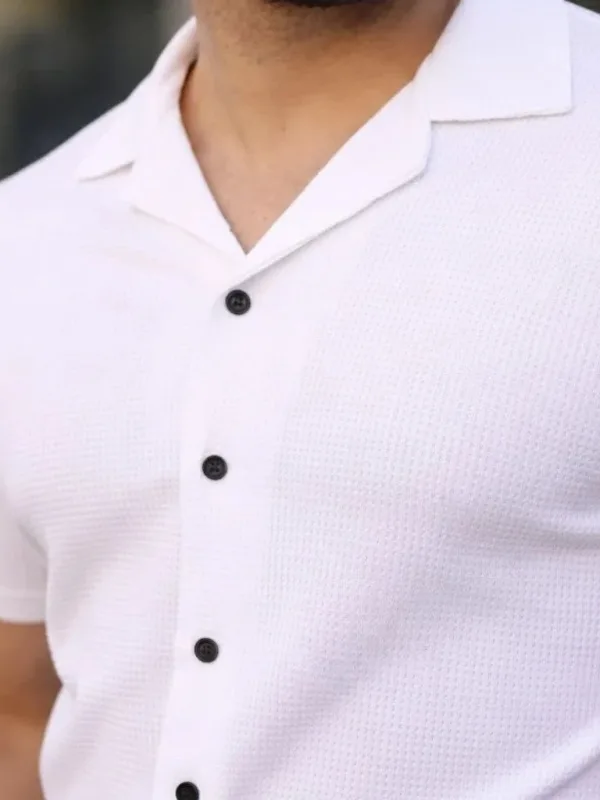 Men's White Regular Fit Waffle Fabric Buttoned Open Collar Shirt 5