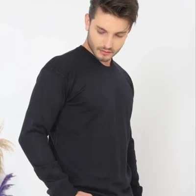 Ανδρικό Σκούρο Μπλε Στρογγυλό Λαιμό Μακρυμάνικο Υφαντό Πλεκτό Πουλόβερ 5