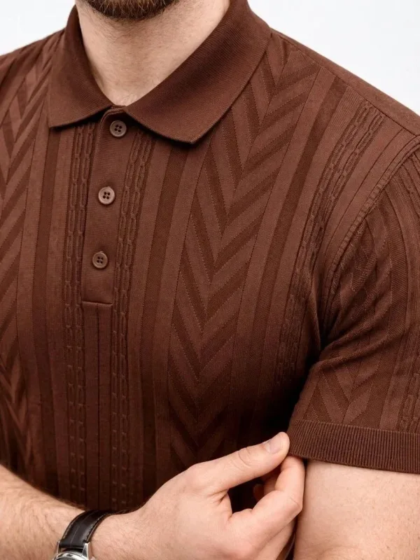 Męski Brązowy Regular Polo Krótki Rękaw Sweter 1