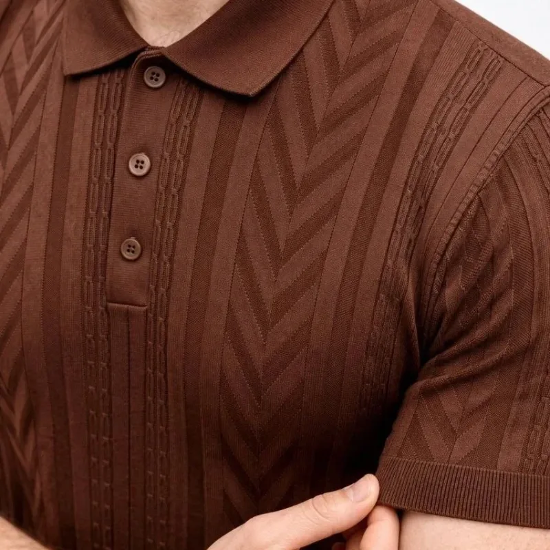 Męski Brązowy Regular Polo Krótki Rękaw Sweter