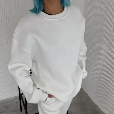 Women's White Scoop Neck 3-Thread Cotton Basic Sweatshirt 2