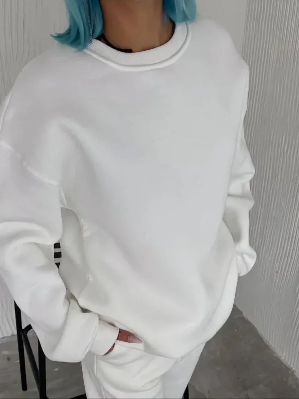Women's White Scoop Neck 3-Thread Cotton Basic Sweatshirt 2