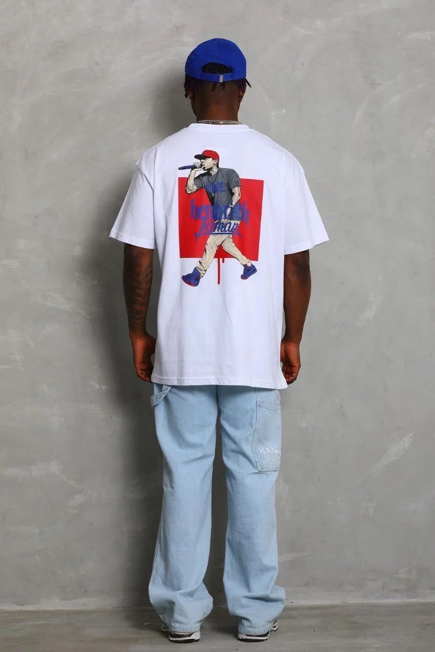 Ανδρικό Λευκό Oversize Στρογγυλό Λαιμό Τυπωμένο Μπλουζάκι