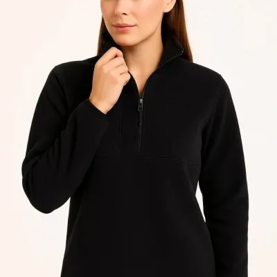 Women Black Stand Collar Half Zip Fleece Sweater Chest Pocket 3