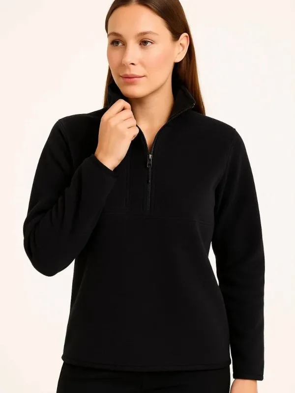 Women Black Stand Collar Half Zip Fleece Sweater Chest Pocket 3