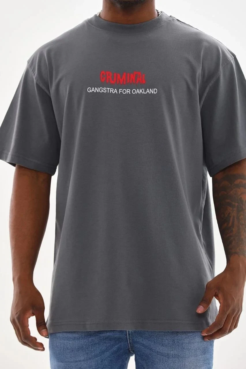 Kişi Tüstü Rəngi Oversize Velosiped Yaxalı Çap T-Shirt