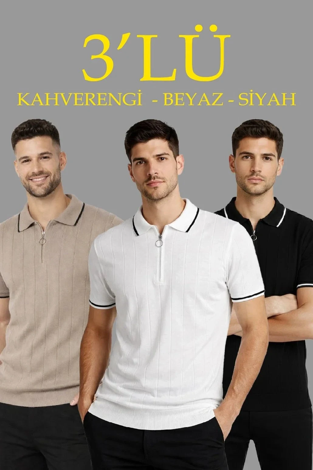 Muški smeđi crni bijeli s patentnim zatvaračem polo ovratnik triko majica set od 3