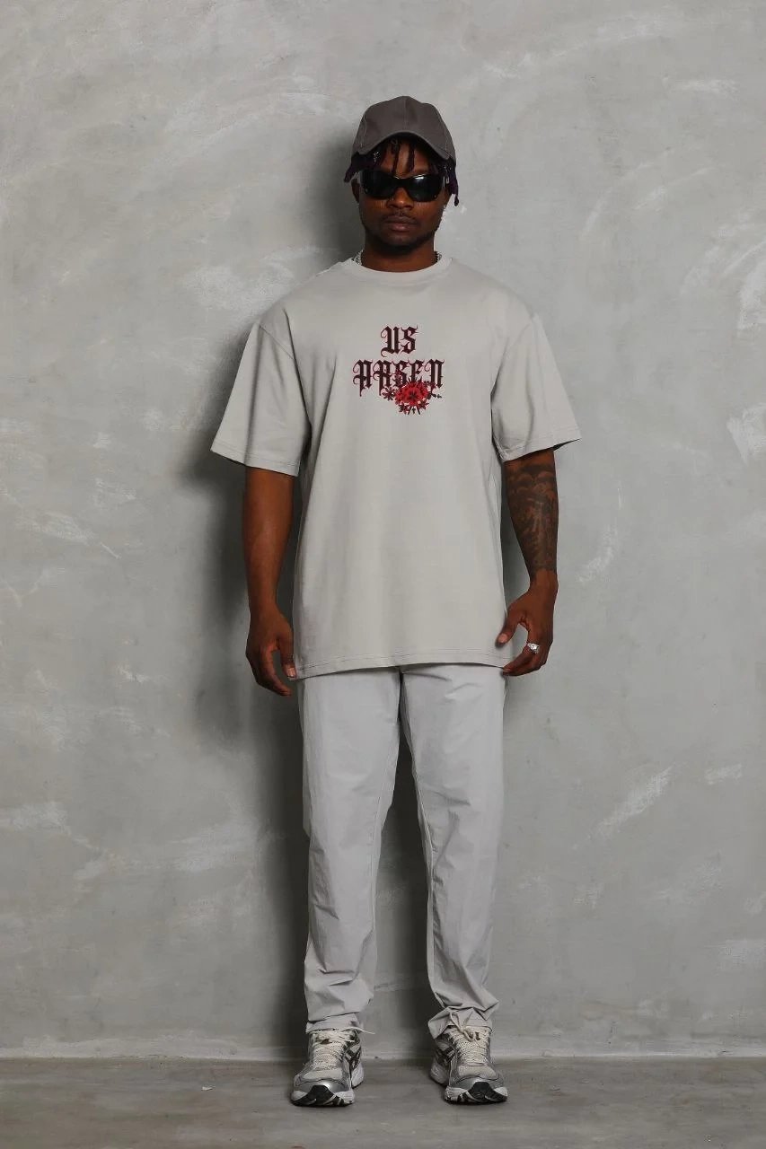 Ανδρικό Γκρι Oversize Στρογγυλό Λαιμό Τυπωμένο Τ-Shirt 4