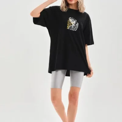Ženski crni Oversize Bicikli kragna print svakodnevna majica 7