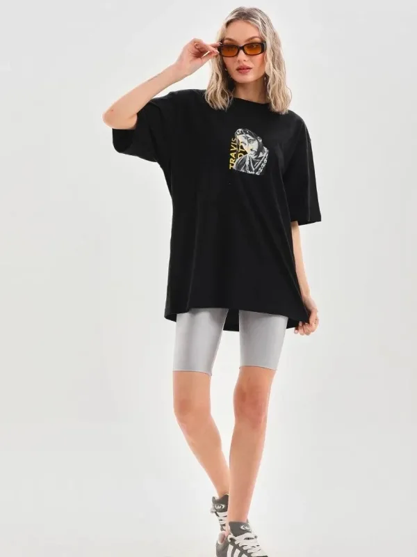Ženski crni Oversize Bicikli kragna print svakodnevna majica 7