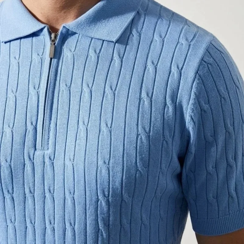 Pánské baby modré copánkový pletený krátký rukáv zip polo tričko