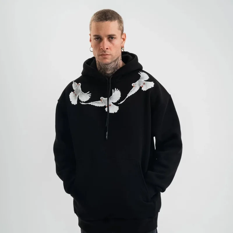 Машки црн Oversize 3-нишки памучен качулка со принт со џеб Sweatshirt