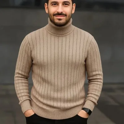 Men's Beige Thick Ribbed Turtleneck Knit Sweater 1
