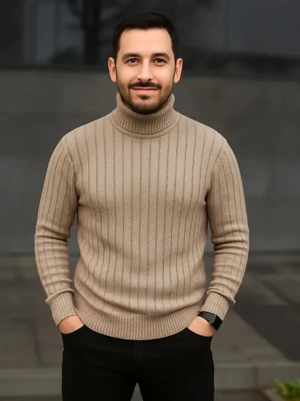 Men's Beige Thick Ribbed Turtleneck Knit Sweater 1