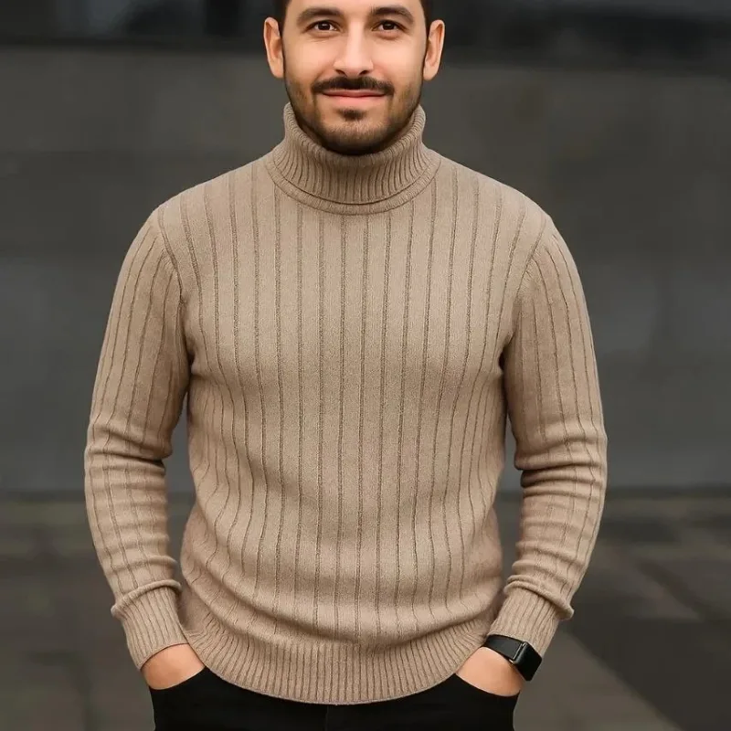 Men's Beige Thick Ribbed Turtleneck Knit Sweater