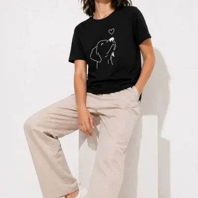 Femeie Tricou Negru cu Imprimeu Figură Câine Minimal, Mânecă Scurtă 3