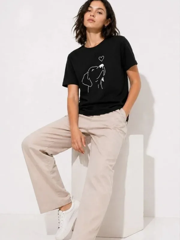 Femeie Tricou Negru cu Imprimeu Figură Câine Minimal, Mânecă Scurtă 3