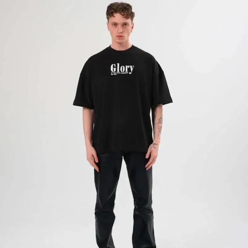 Bluzë verore për meshkuj, e zezë, oversize, me jakë biçiklete dhe printim