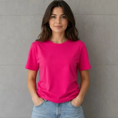 Női Fukszia Relaxed Fit Kerékpárnyakú Pamut Póló 2