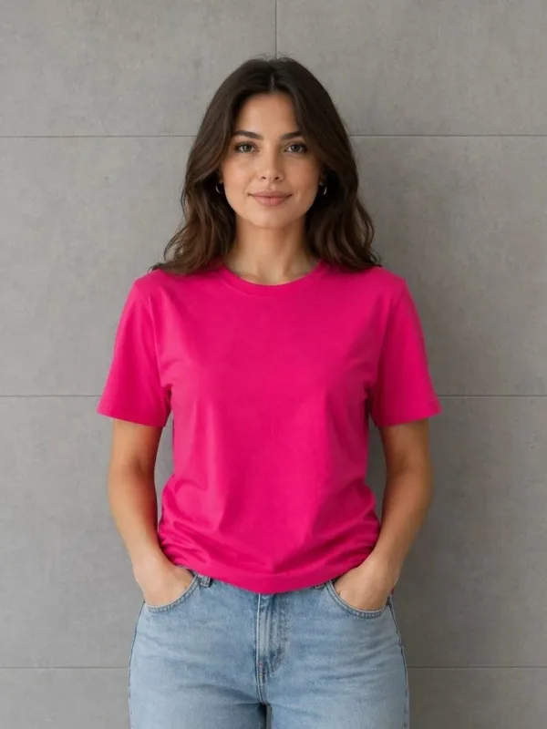 Női Fukszia Relaxed Fit Kerékpárnyakú Pamut Póló 2