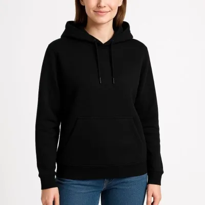Női Fekete 3 Szálas Pamut Kapucnis Kenguru Zsebes Sweatshirt 5