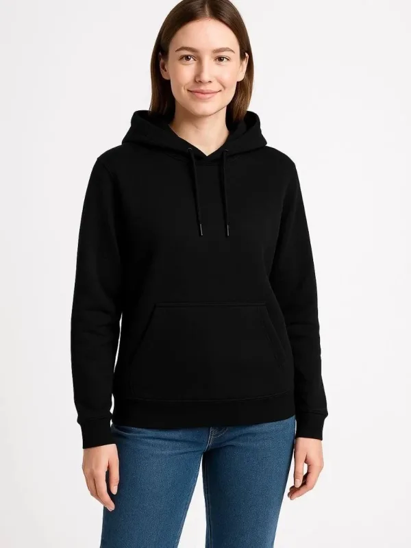 Női Fekete 3 Szálas Pamut Kapucnis Kenguru Zsebes Sweatshirt 5