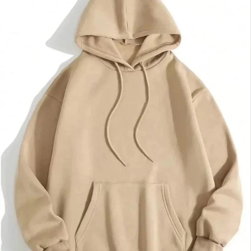 Women's Beige 3-Thread Cotton Hooded Kangaroo Pocket Plain Sweatshirt
