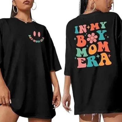 Γυναικείο Μαύρο Oversize Ποδηλατόλαιμο Τυπωμένο Μπλουζάκι 2