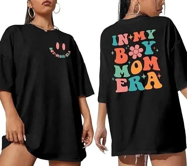 Γυναικείο Μαύρο Oversize Ποδηλατόλαιμο Τυπωμένο Μπλουζάκι 2